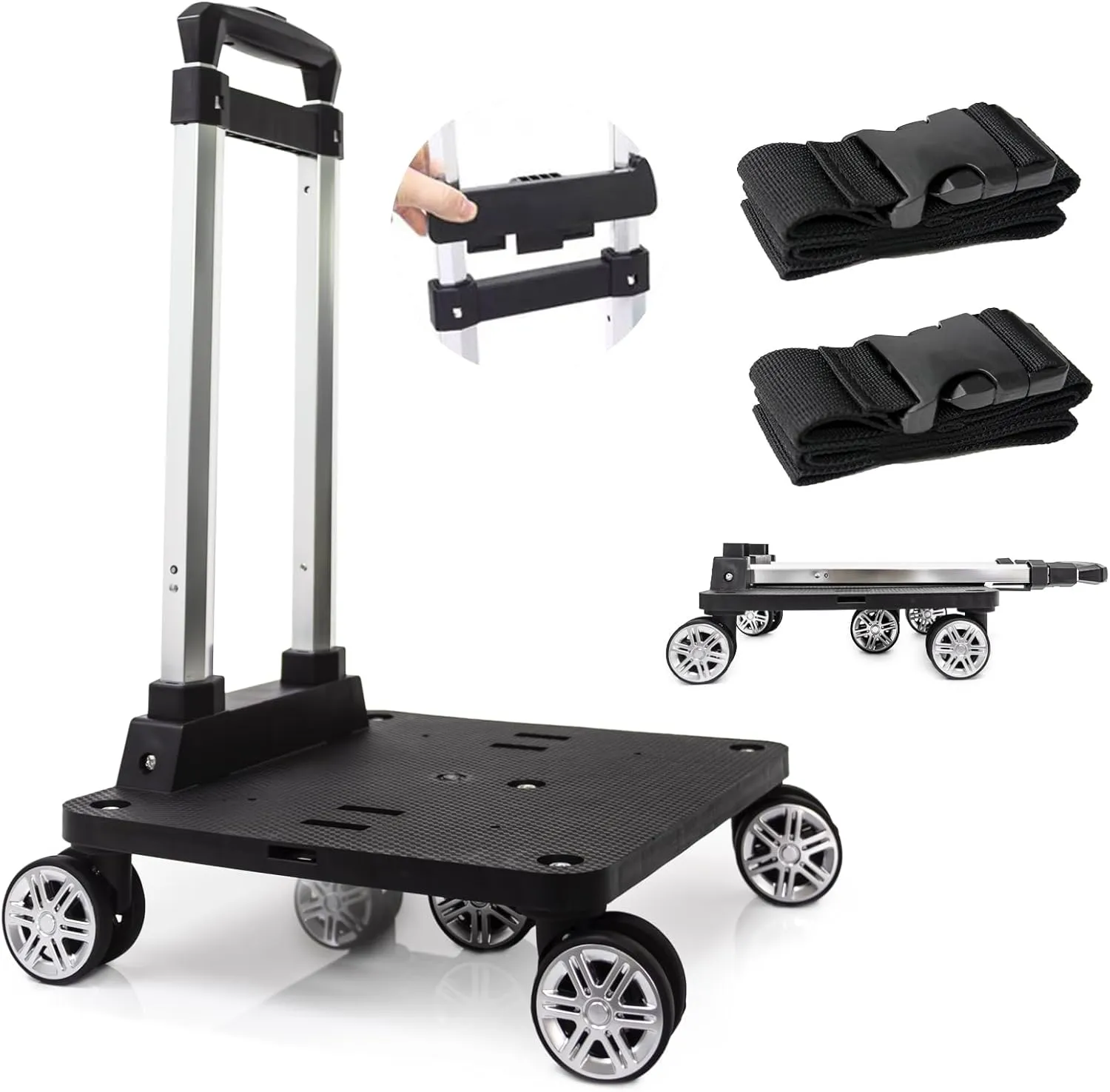 Foldable Black Aluminum Backpack Cart with 5 Swivel Wheels, Large Base, Ideal for Large Backpacks, Pet Carriers, Laptop Bags