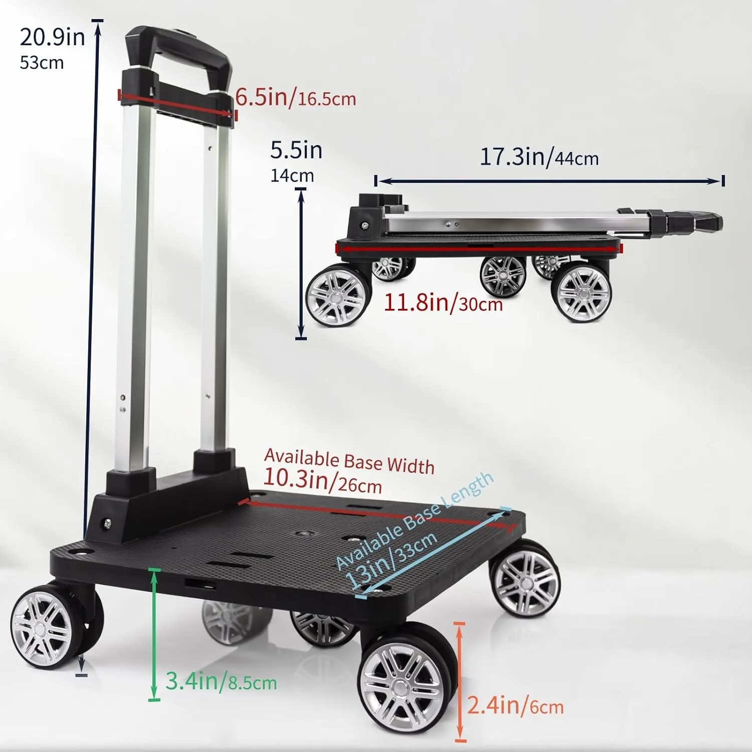 Foldable Black Aluminum Backpack Cart with 5 Swivel Wheels, Large Base, Ideal for Large Backpacks, Pet Carriers, Laptop Bags