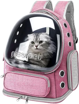 Foldable Cat Carrier Backpack, Breathable Bubble Design, Transparent, Airline Approved, Up to 20 lbs (Pink)