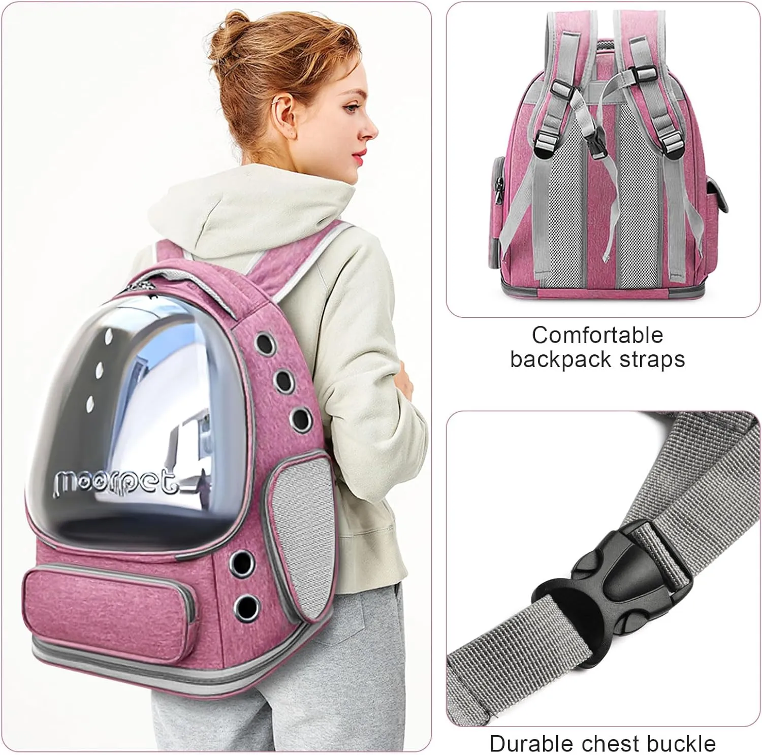 Foldable Cat Carrier Backpack, Breathable Bubble Design, Transparent, Airline Approved, Up to 20 lbs (Pink)