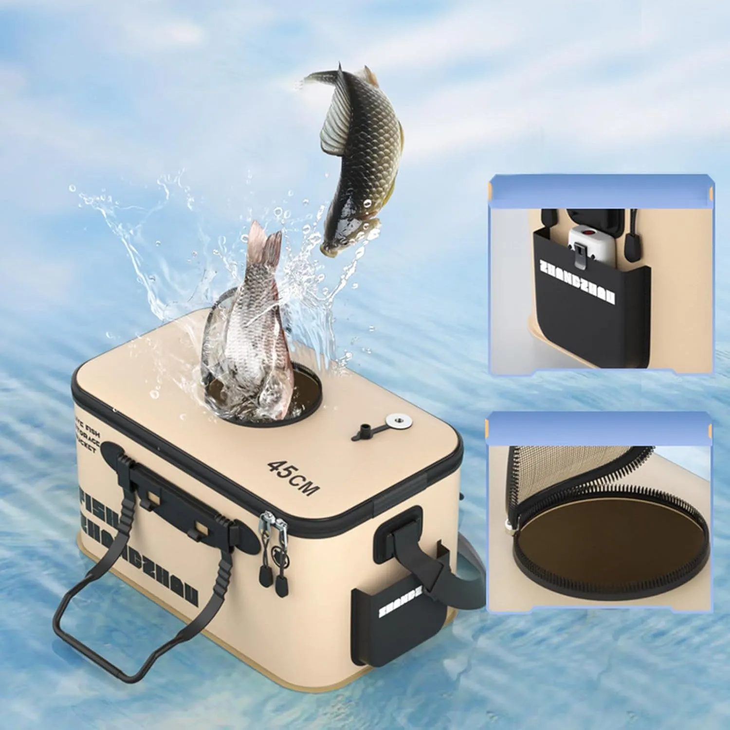 Foldable Fishing Bucket with Aeration Holes, Live Fish Container for Minnows, Bait Bucket Small Catch Fish Buckets, Multifunctional Water Buckets for Boat Travel Hiking Camping (Khaki, S-11.8inch)