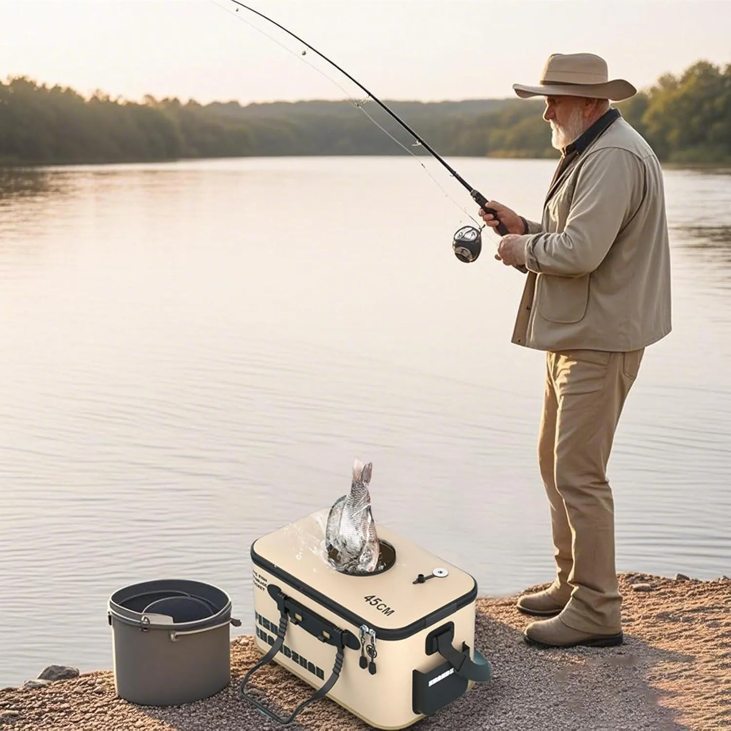 Foldable Fishing Bucket with Aeration Holes, Live Fish Container for Minnows, Bait Bucket Small Catch Fish Buckets, Multifunctional Water Buckets for Boat Travel Hiking Camping (Khaki, S-11.8inch)