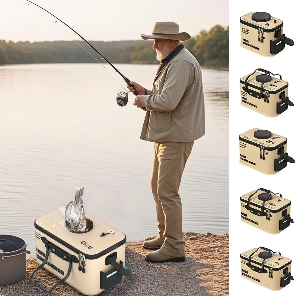Foldable Fishing Bucket with Aeration Holes, Live Fish Container for Minnows, Bait Bucket Small Catch Fish Buckets, Multifunctional Water Buckets for Boat Travel Hiking Camping (Khaki, S-11.8inch)