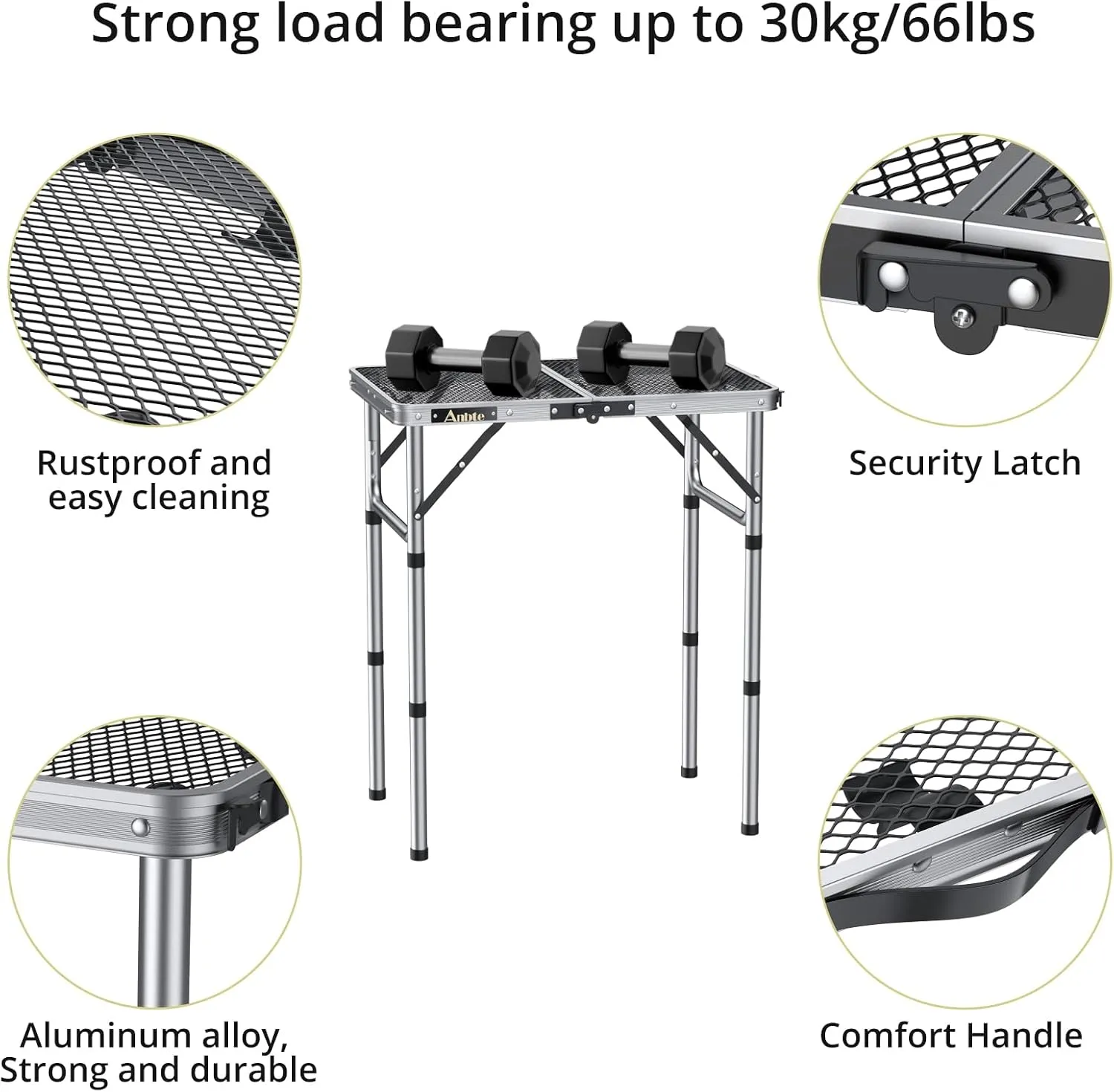 Folding Grill Table, Aluminum Camping Table Adjustable Height Max 27.5" Picnic Table Outdoor Table, Lightweight, Portable Handle for Travel Cooking BBQ Picnic, 22.8" x 16", Silver