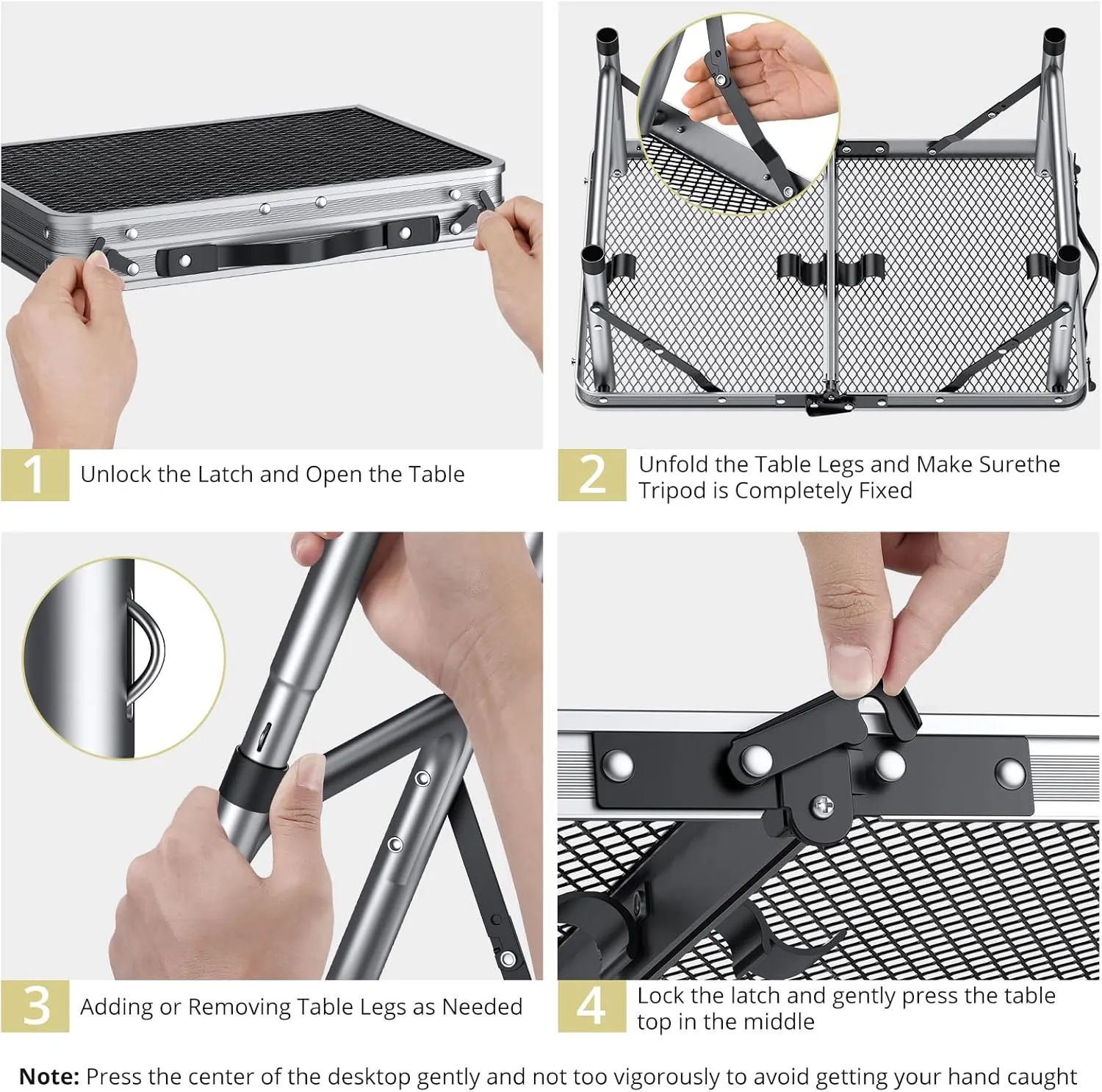 Folding Grill Table, Aluminum Camping Table Adjustable Height Max 27.5" Picnic Table Outdoor Table, Lightweight, Portable Handle for Travel Cooking BBQ Picnic, 22.8" x 16", Silver