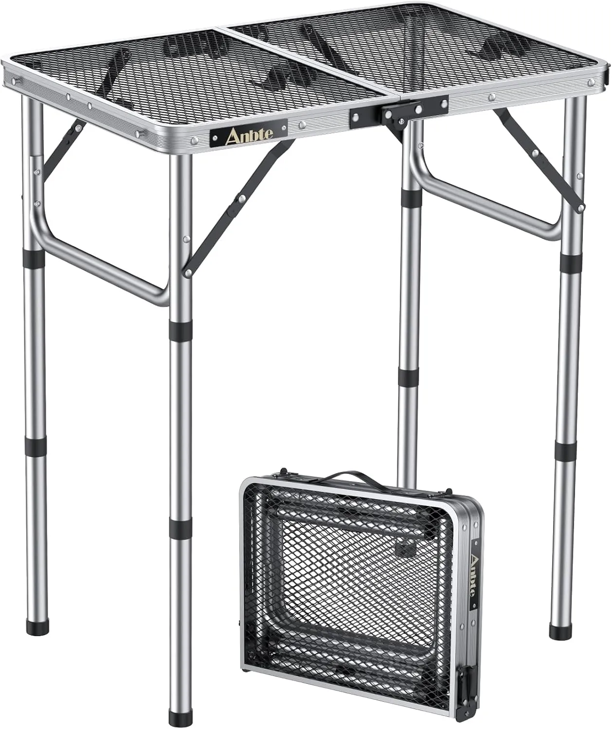 Folding Grill Table, Aluminum Camping Table Adjustable Height Max 27.5" Picnic Table Outdoor Table, Lightweight, Portable Handle for Travel Cooking BBQ Picnic, 22.8" x 16", Silver