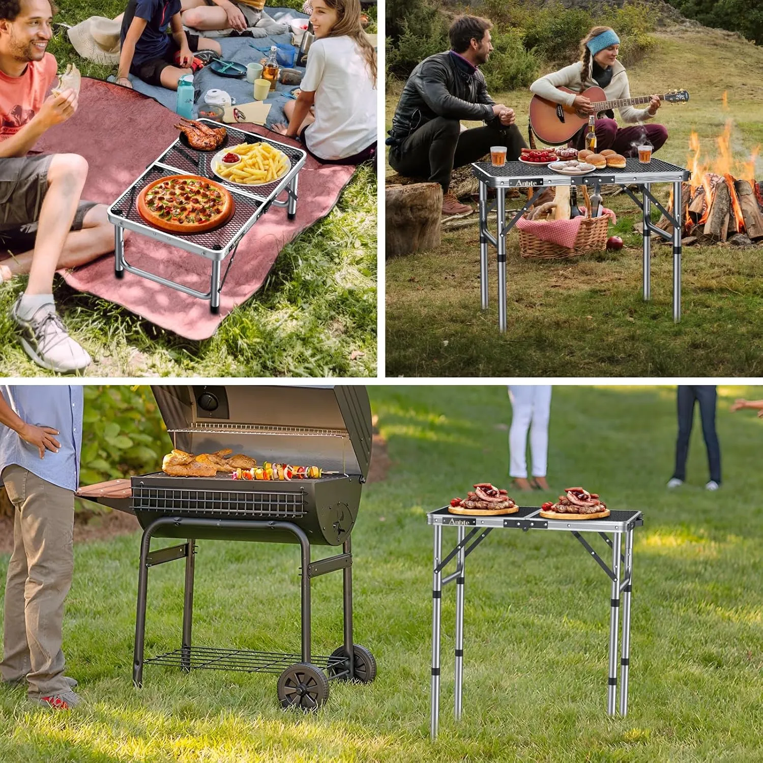 Folding Grill Table, Aluminum Camping Table Adjustable Height Max 27.5" Picnic Table Outdoor Table, Lightweight, Portable Handle for Travel Cooking BBQ Picnic, 22.8" x 16", Silver