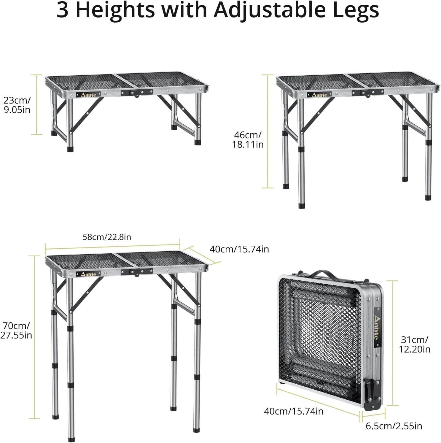 Folding Grill Table, Aluminum Camping Table Adjustable Height Max 27.5" Picnic Table Outdoor Table, Lightweight, Portable Handle for Travel Cooking BBQ Picnic, 22.8" x 16", Silver