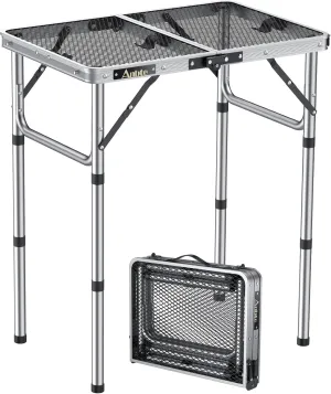 Folding Grill Table, Aluminum Camping Table Adjustable Height Max 27.5" Picnic Table Outdoor Table, Lightweight, Portable Handle for Travel Cooking BBQ Picnic, 22.8" x 16", Silver