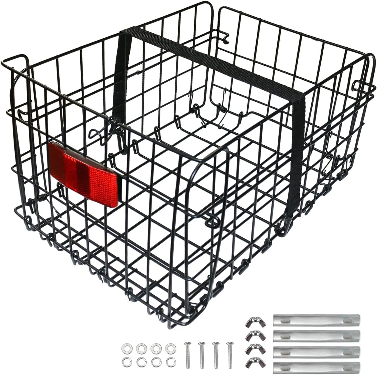 Folding Rear Bike Basket, Huntoshon Quickly Release Metal Bicycle Rack Cargo Basket with Strap & Reflective Tail Light for Most Mounted Bike Rack