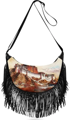 Fringe Hippie Purses Potala Palace Print, Western Tassel Bags Crossbody Bags for Women with Adjustable Strap Fabric PU Material