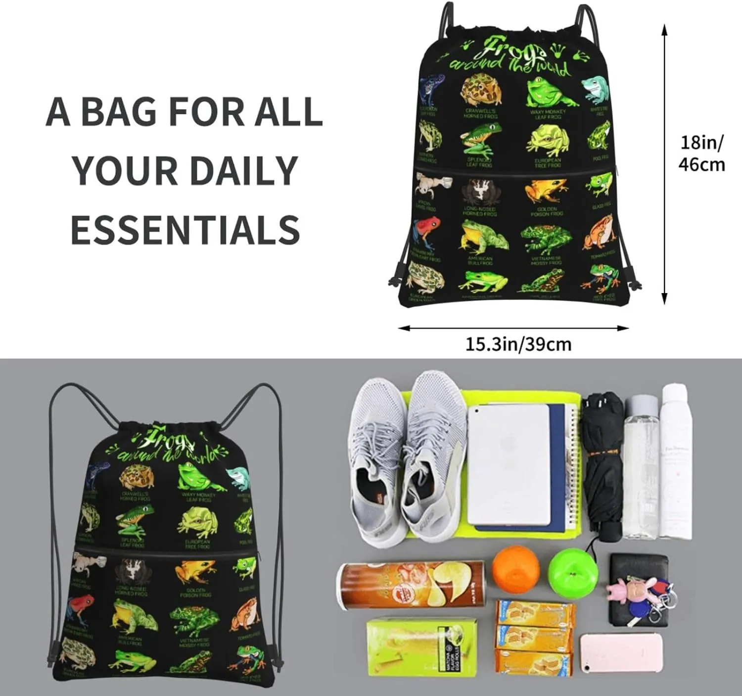 Frogs Around the World Print Drawstring Backpack Unisex Gym Bags Sport String Bag for Hiking Yoga Travel Swimming Beach 15 X 18 Inch