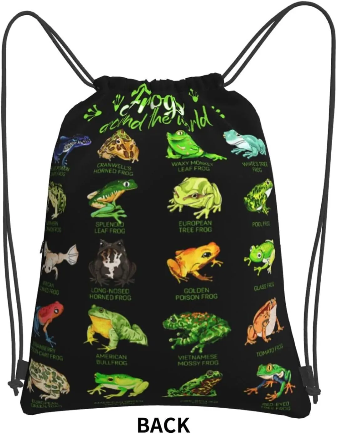 Frogs Around the World Print Drawstring Backpack Unisex Gym Bags Sport String Bag for Hiking Yoga Travel Swimming Beach 15 X 18 Inch