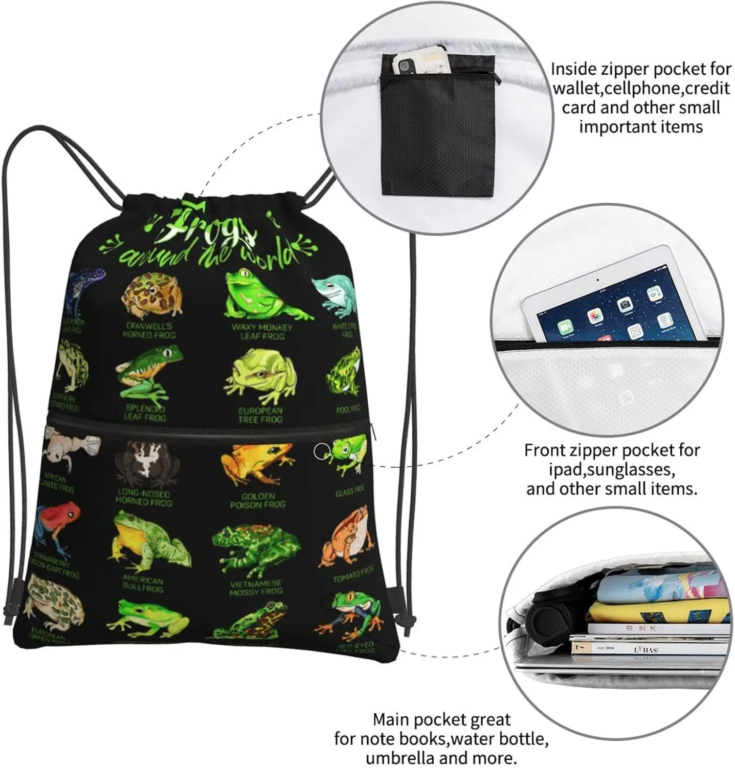 Frogs Around the World Print Drawstring Backpack Unisex Gym Bags Sport String Bag for Hiking Yoga Travel Swimming Beach 15 X 18 Inch