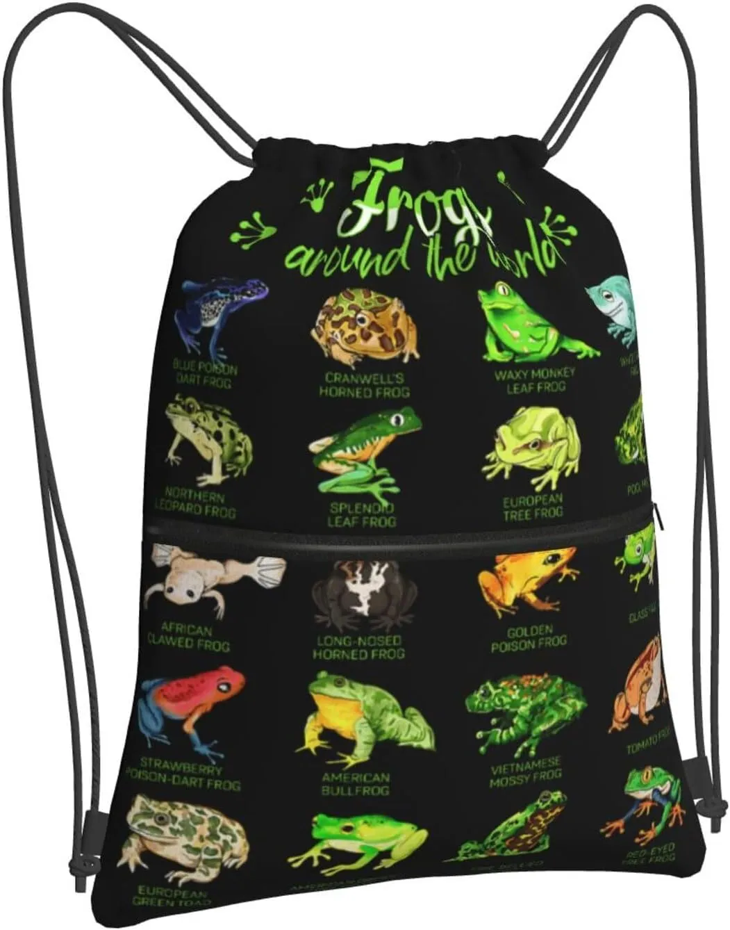 Frogs Around the World Print Drawstring Backpack Unisex Gym Bags Sport String Bag for Hiking Yoga Travel Swimming Beach 15 X 18 Inch