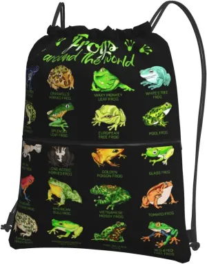 Frogs Around the World Print Drawstring Backpack Unisex Gym Bags Sport String Bag for Hiking Yoga Travel Swimming Beach 15 X 18 Inch