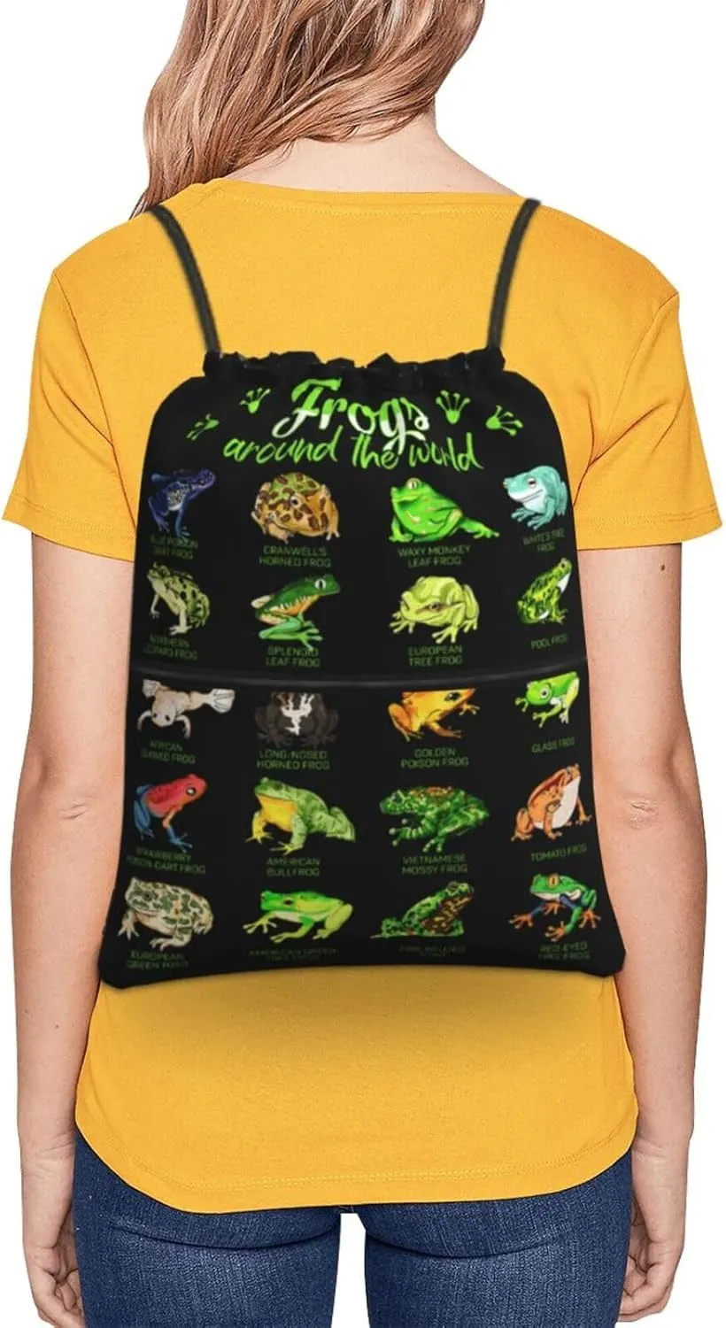 Frogs Around the World Print Drawstring Backpack Unisex Gym Bags Sport String Bag for Hiking Yoga Travel Swimming Beach 15 X 18 Inch