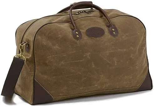 Frost River Flight Bag - Waxed Canvas and Leather Carry On Luggage Pack, Durable Weekender with Cotton Web Shoulder Strap, Medium, 57 Liter, Field Tan