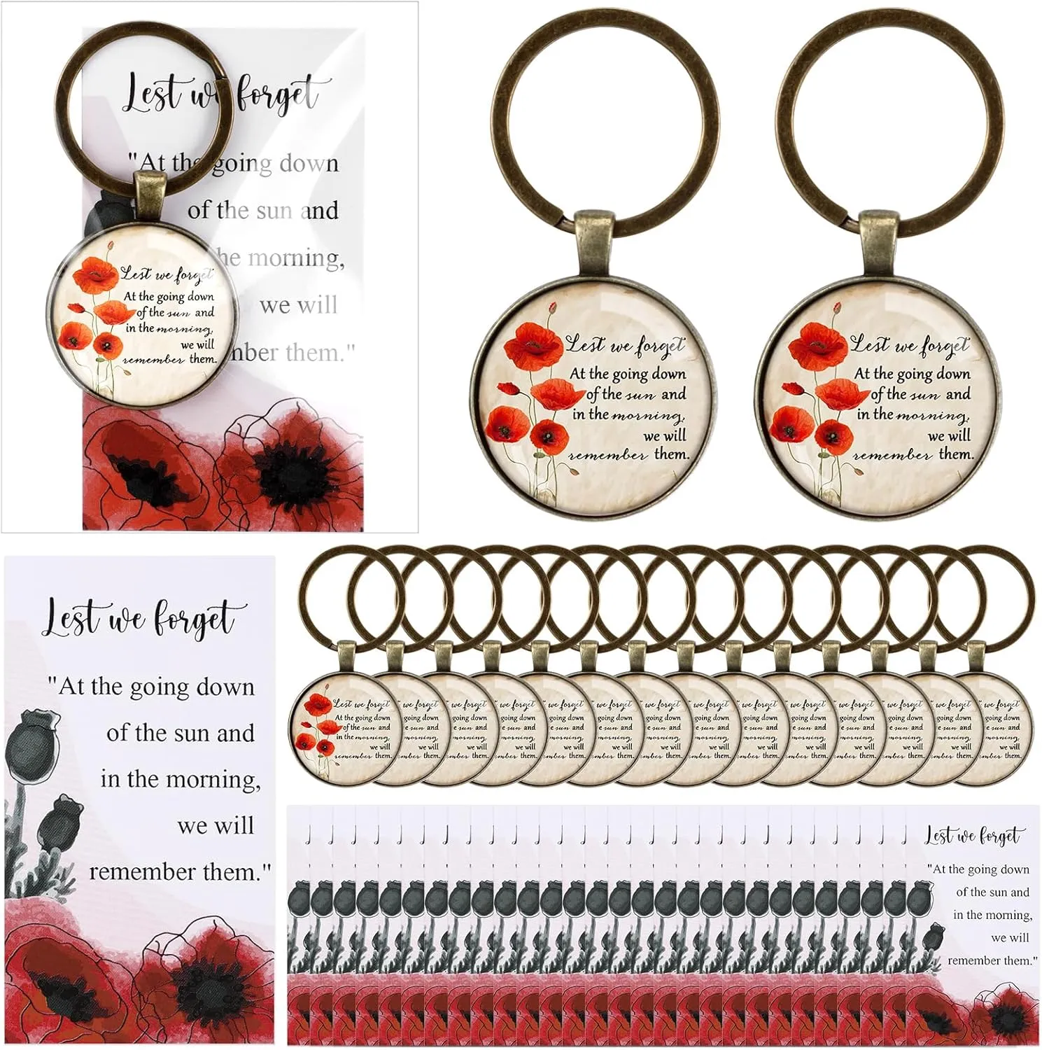 Fumete 36 Set Memorial Day Gifts Bulk for Veterans Poppy Flower Keychain Remembrance Poppy Lest We Forget Card Remembrance Gifts Bulk for Military Soldier Memorial 4th of July