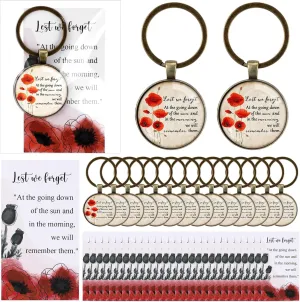 Fumete 36 Set Memorial Day Gifts Bulk for Veterans Poppy Flower Keychain Remembrance Poppy Lest We Forget Card Remembrance Gifts Bulk for Military Soldier Memorial 4th of July