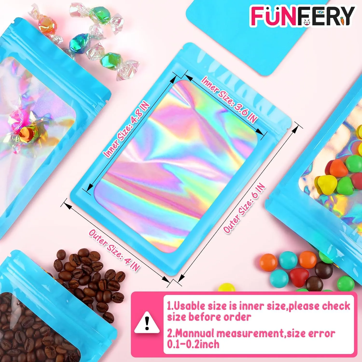 Funfery 100 Pack Resealable Bags Clear Holographic Bags,Smell Proof Packaging Baggies,Mylar Food Storage Bag,Zipper Sealing Pouch for Coffee Beans,Cookies,Jewelry Sample Small Business(Blue,4x6in)
