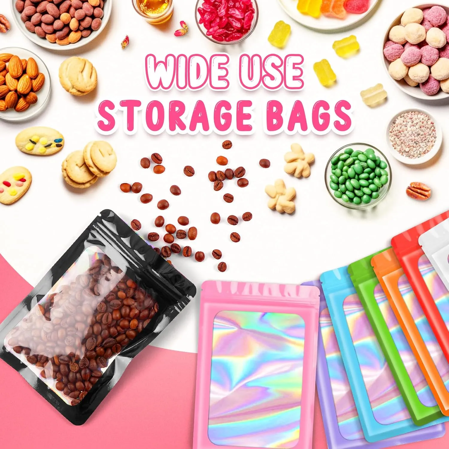 Funfery 100 Pack Resealable Bags Clear Holographic Bags,Smell Proof Packaging Baggies,Mylar Food Storage Bag,Zipper Sealing Pouch for Coffee Beans,Cookies,Jewelry Sample Small Business(Blue,4x6in)