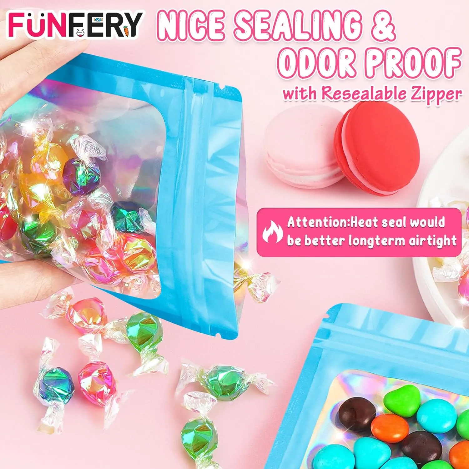 Funfery 100 Pack Resealable Bags Clear Holographic Bags,Smell Proof Packaging Baggies,Mylar Food Storage Bag,Zipper Sealing Pouch for Coffee Beans,Cookies,Jewelry Sample Small Business(Blue,4x6in)