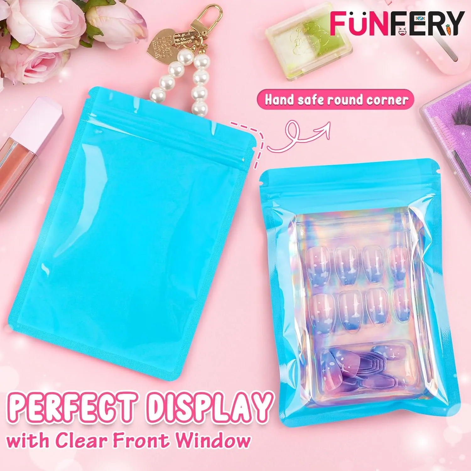 Funfery 100 Pack Resealable Bags Clear Holographic Bags,Smell Proof Packaging Baggies,Mylar Food Storage Bag,Zipper Sealing Pouch for Coffee Beans,Cookies,Jewelry Sample Small Business(Blue,4x6in)