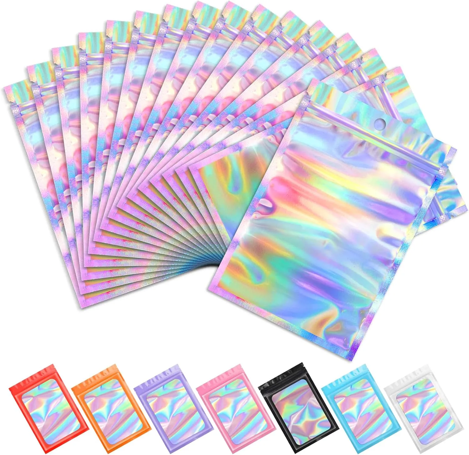 Funfery 100 pcs Mylar Holographic Bags Packaging Bags,Clear Resealable Smell Proof Bag Foil Pouch Bag for Party Favor,Food Storage Baggies Packaging for Small Business(6.3x9.4in,Holographic)