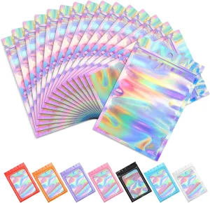 Funfery 100 pcs Mylar Holographic Bags Packaging Bags,Clear Resealable Smell Proof Bag Foil Pouch Bag for Party Favor,Food Storage Baggies Packaging for Small Business(6.3x9.4in,Holographic)