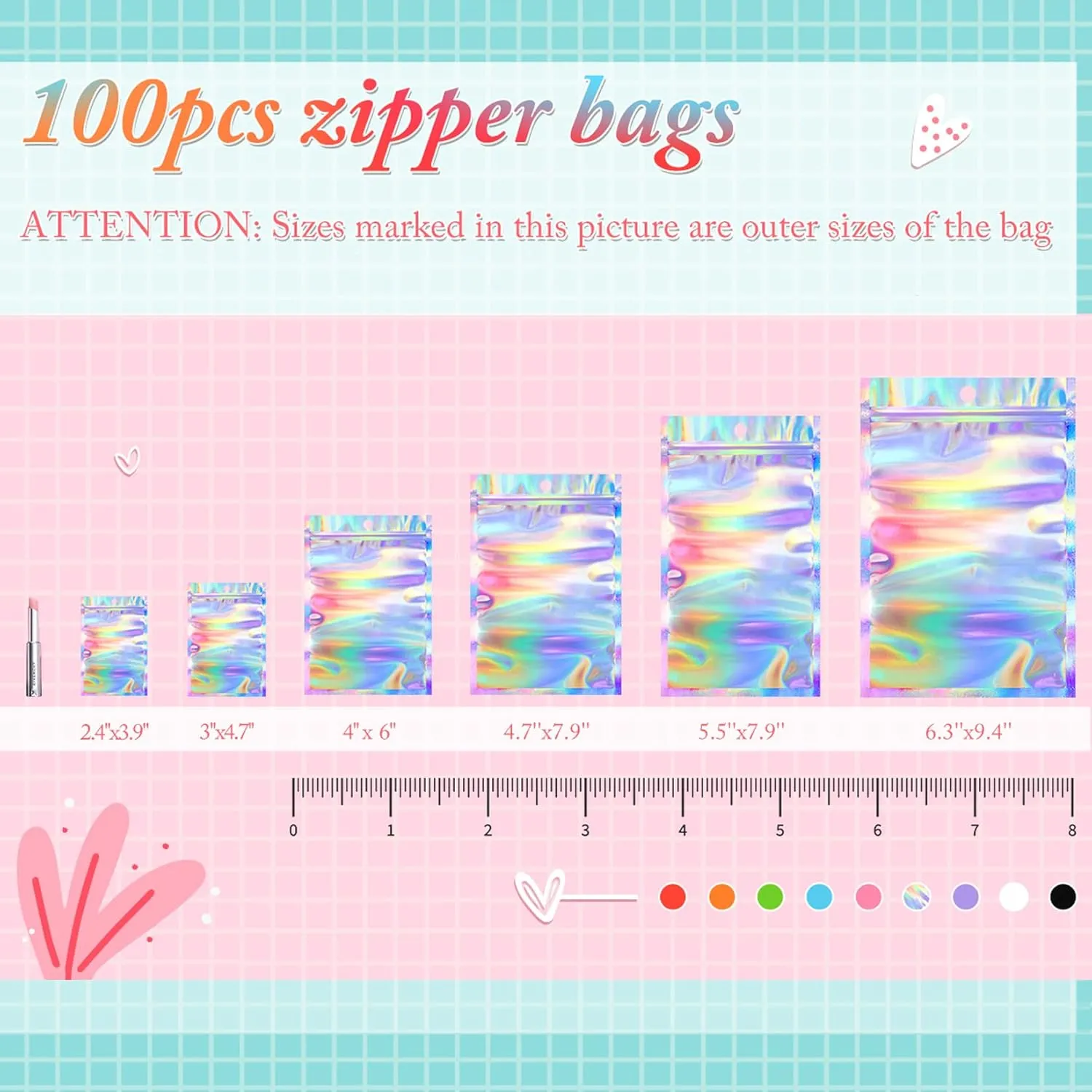 Funfery 100 pcs Mylar Holographic Bags Packaging Bags,Clear Resealable Smell Proof Bag Foil Pouch Bag for Party Favor,Food Storage Baggies Packaging for Small Business(6.3x9.4in,Holographic)