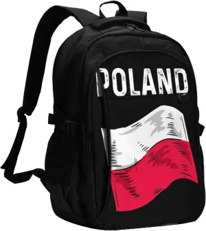 Funny Vintage Poland Polish Flag Casual Travel Backpacks Hiking Camping Backpack Large Outdoor Sport Daypack Laptop Rucksack Climbing Working Bags with USB Port
