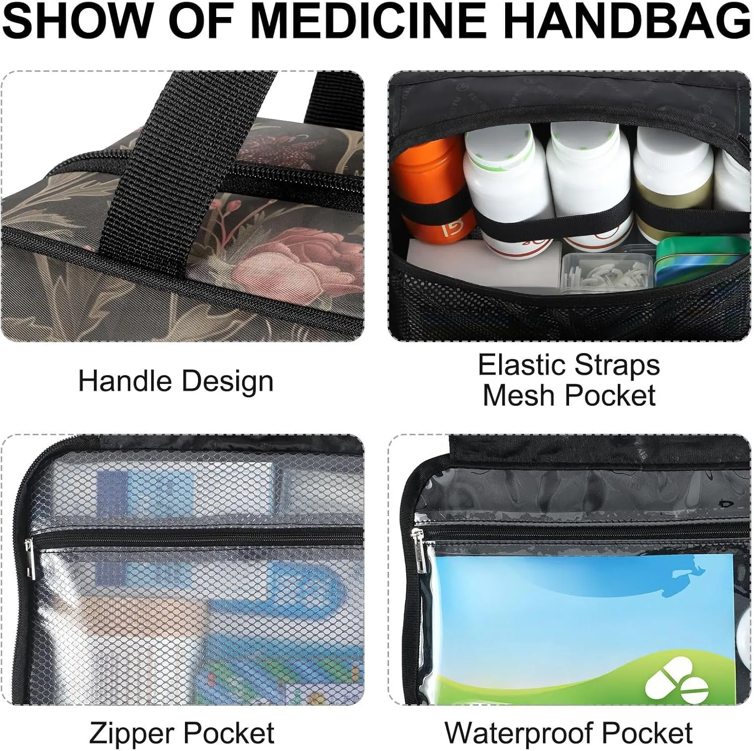 Fustylead Black Crow Moody Flowers Vintage Large Medical Storage Bag with Zipper Empty First Aid Bag Trauma Kit for Traveling Hiking Camping Backpacking