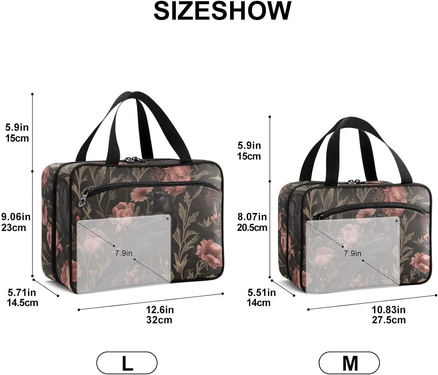 Fustylead Black Crow Moody Flowers Vintage Large Medical Storage Bag with Zipper Empty First Aid Bag Trauma Kit for Traveling Hiking Camping Backpacking