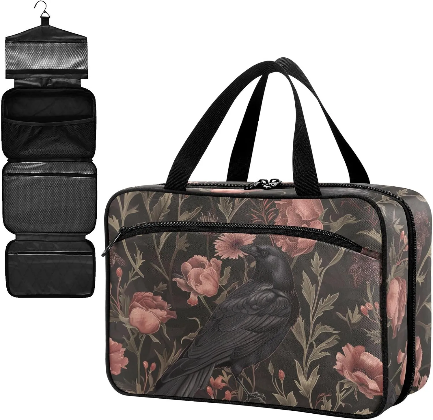 Fustylead Black Crow Moody Flowers Vintage Large Medical Storage Bag with Zipper Empty First Aid Bag Trauma Kit for Traveling Hiking Camping Backpacking