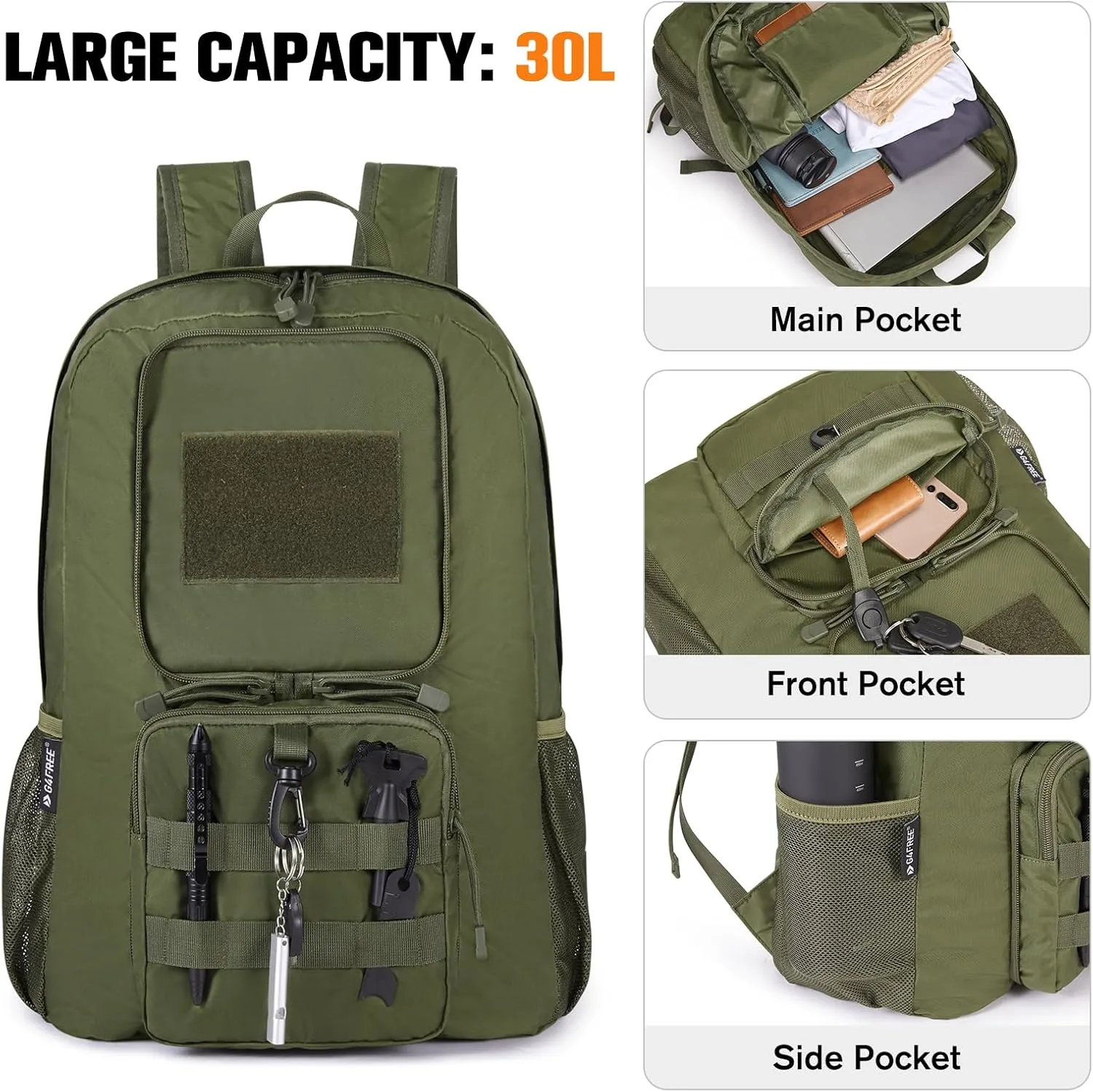 G4Free 30L Packable Tactical Backpack Lightweight Hiking Backpack Foldable Military Tactical edc Bag Water Resistant for Men Women(Army Green