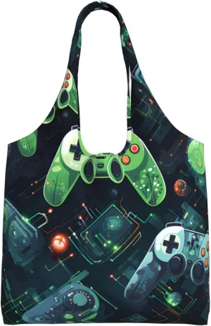 Gamepad circuit version large capacity one shoulder reusable shopping cloth bag suitable for vacation, shopping, groceries, gym
