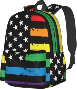 Gay Pride Rainbow American Flag LGBT Progress Flag Backpack Double Shoulder Bag 15 Inch Laptop Bagpacks for Hiking Work Camping Travel