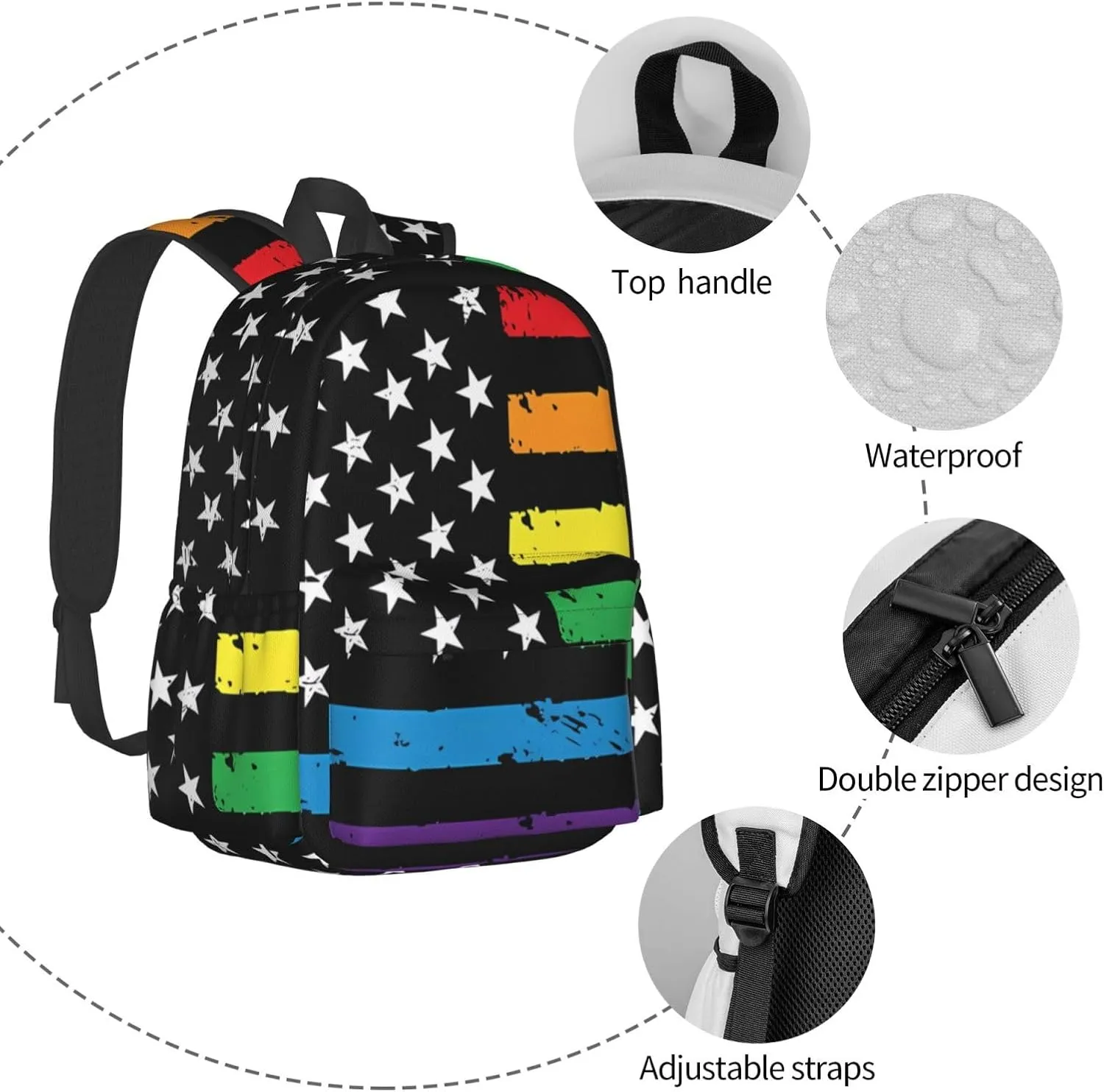 Gay Pride Rainbow American Flag LGBT Progress Flag Backpack Double Shoulder Bag 15 Inch Laptop Bagpacks for Hiking Work Camping Travel