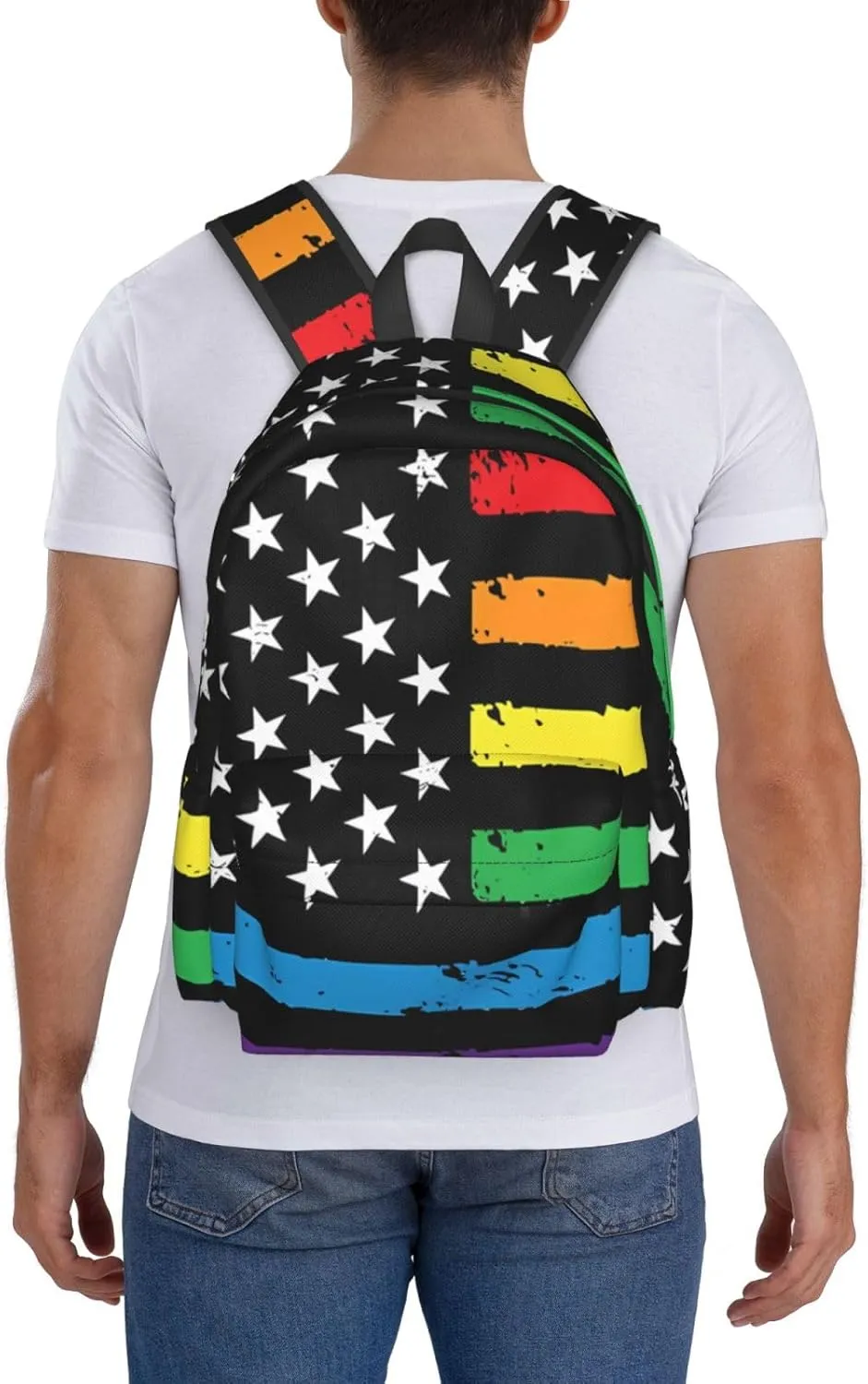Gay Pride Rainbow American Flag LGBT Progress Flag Backpack Double Shoulder Bag 15 Inch Laptop Bagpacks for Hiking Work Camping Travel