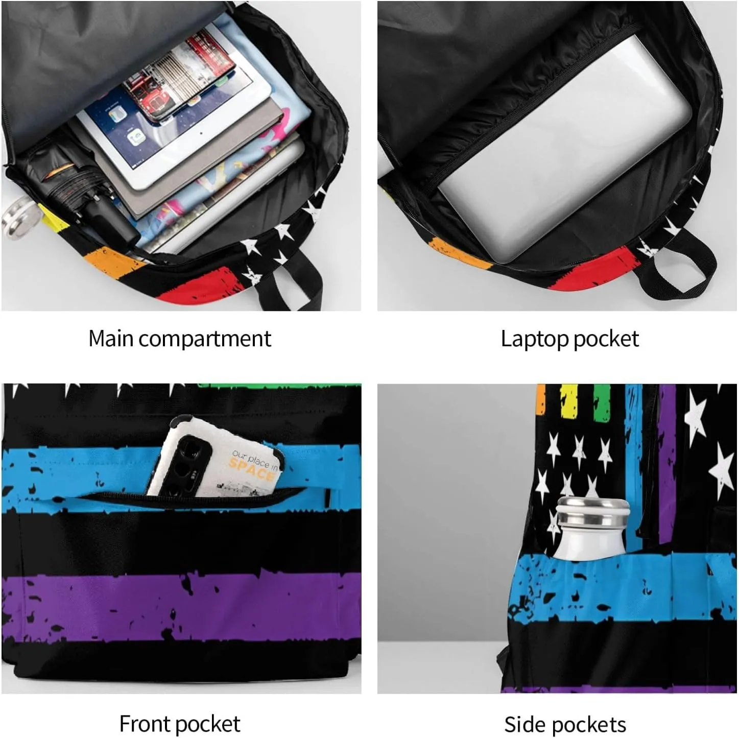 Gay Pride Rainbow American Flag LGBT Progress Flag Backpack Double Shoulder Bag 15 Inch Laptop Bagpacks for Hiking Work Camping Travel