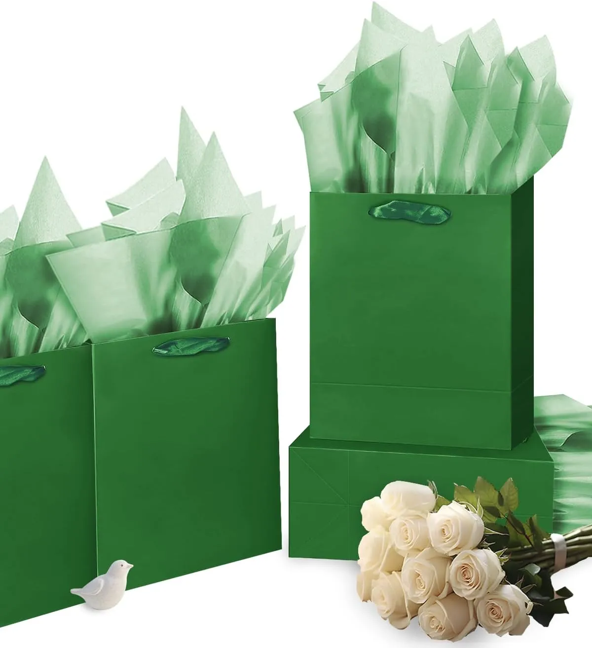 Gcardist Dark Green Gift Bags with Tissue Paper for Wedding, Birthday, Party Supplies-7.9"x4.3"x9.6" Medium Size Cardboard Gift Bags（16pcs Bags  32pcs Tissue Paper ）