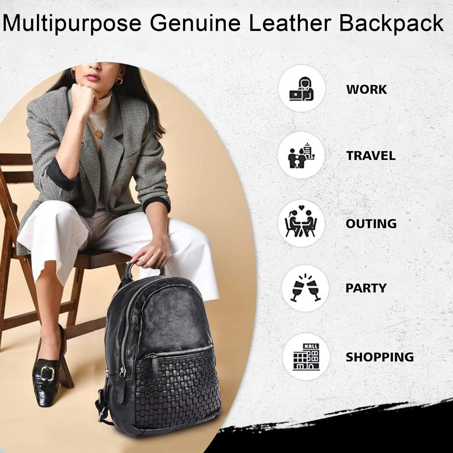 Genuine Leather Backpack for Men, Casual Backpack for Women Office Bag with Adjustable Shoulder Strap (VL-054-BLACK)