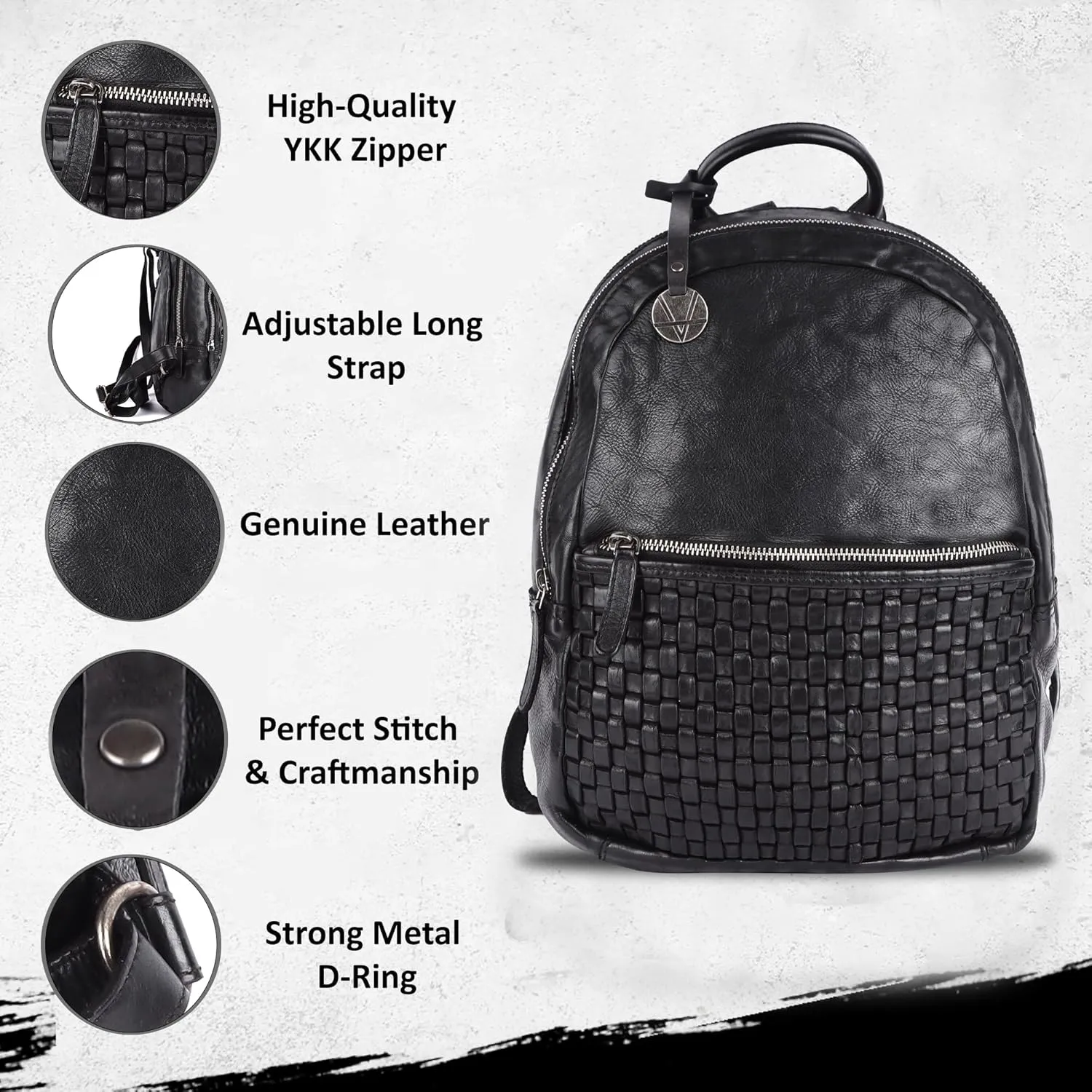Genuine Leather Backpack for Men, Casual Backpack for Women Office Bag with Adjustable Shoulder Strap (VL-054-BLACK)