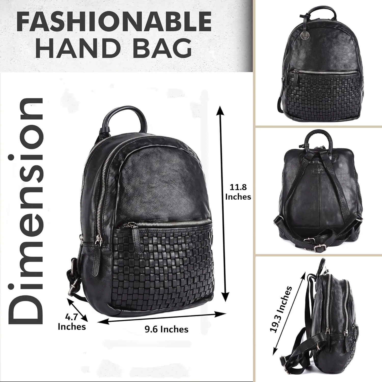Genuine Leather Backpack for Men, Casual Backpack for Women Office Bag with Adjustable Shoulder Strap (VL-054-BLACK)