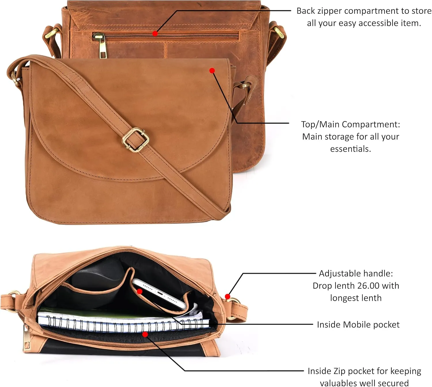 Genuine Leather Shoulder Crossbody Purse For Women with Adjustable Strap, Mobile Pocket & Outside & Inside Zipper