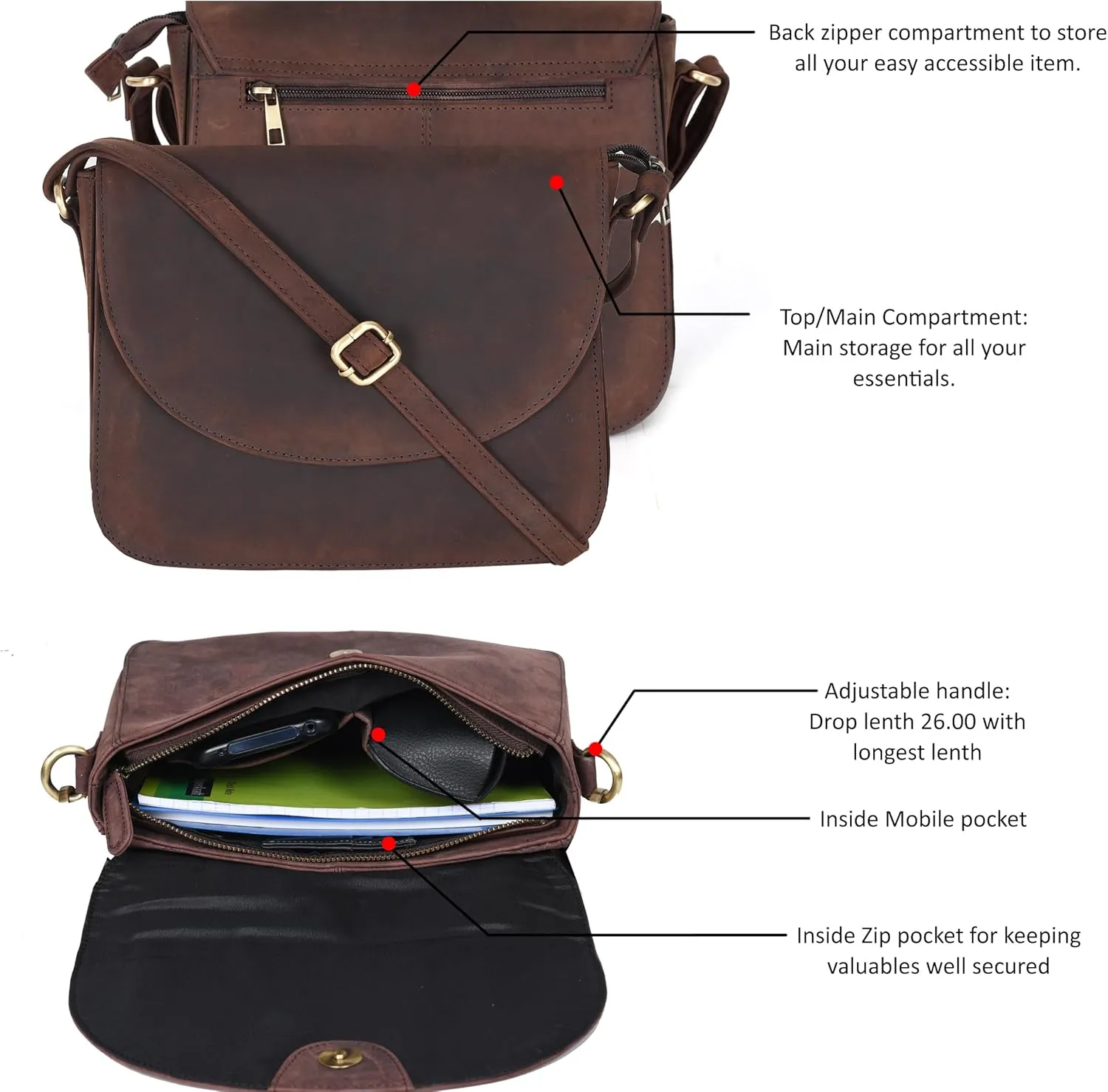 Genuine Leather Shoulder Crossbody Purse For Women with Adjustable Strap, Mobile Pocket & Outside & Inside Zipper