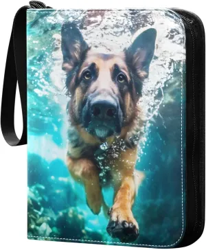 German Shepherd Dog Swimming Underwater Card Binder 4 Pocket Trading Card Binder Portable Cards Collection Book with Zipper