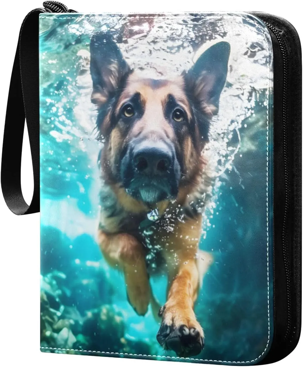 German Shepherd Dog Swimming Underwater Card Binder 4 Pocket Trading Card Binder Portable Cards Collection Book with Zipper