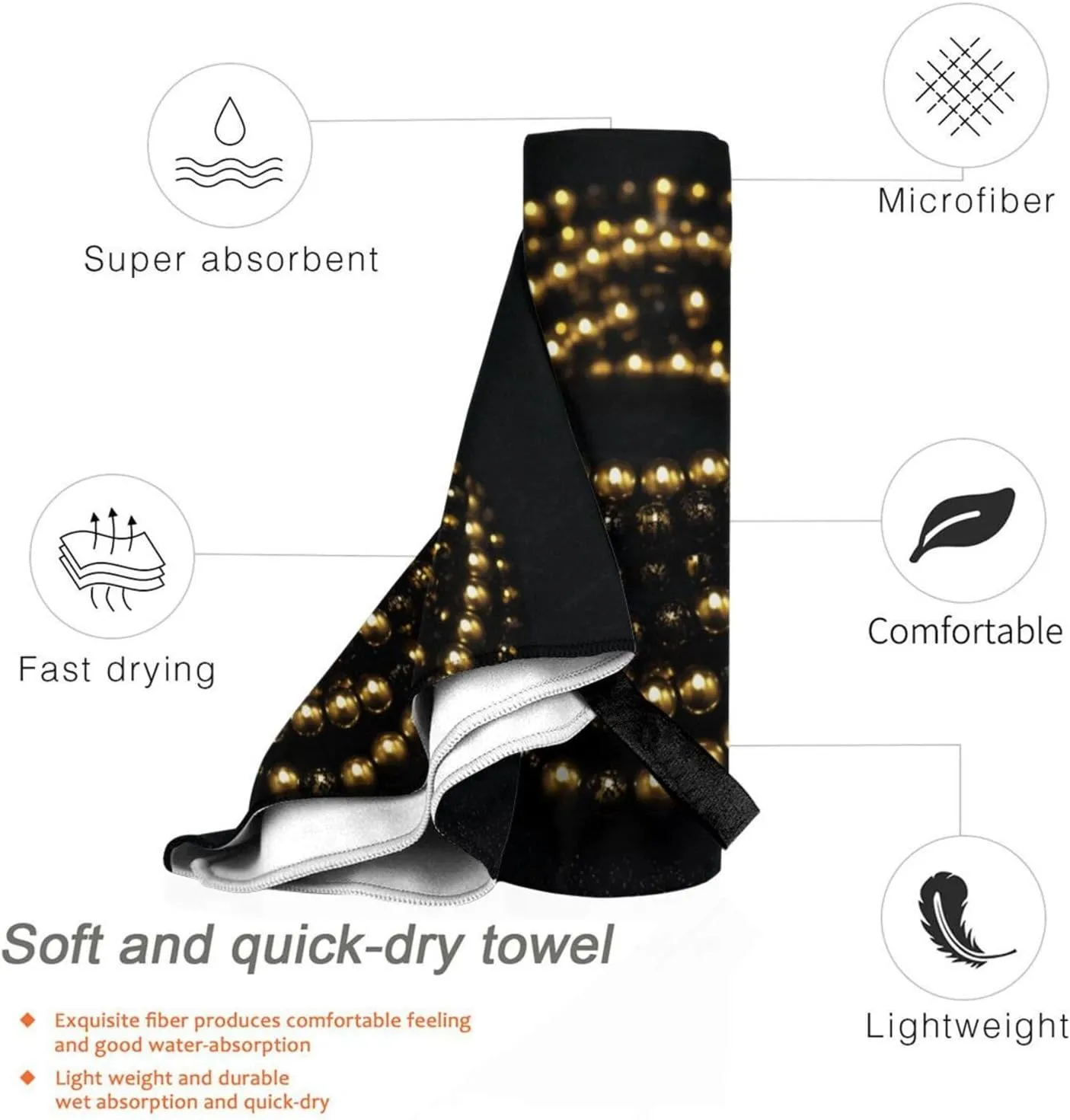 Gold Black Premium Compact Microfiber Travel Towel-Featherlight & Quick Dry,Sand-Resistant Beach Towel for Swimming,Camping,Vacation Essentials with Carry Pouch